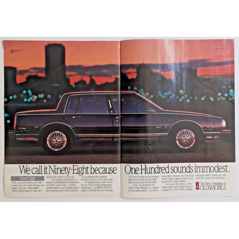 Vintage 1989 Print Ad Oldsmobile Ninety-Eight Regency Luxury Sedan City‎ Lights